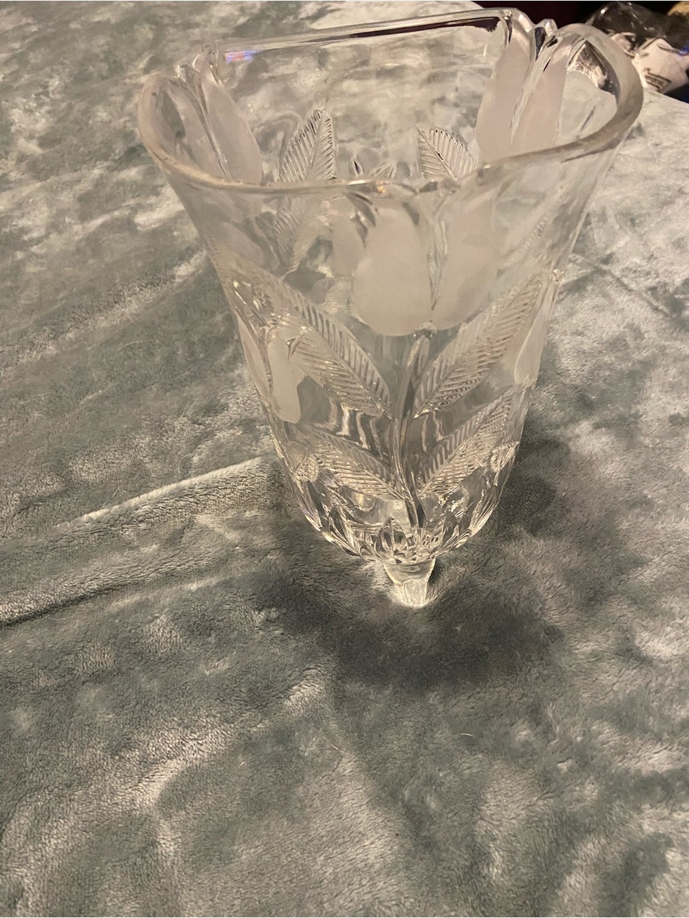 Clear Etched Glass Leaf Motif Vase - Clear